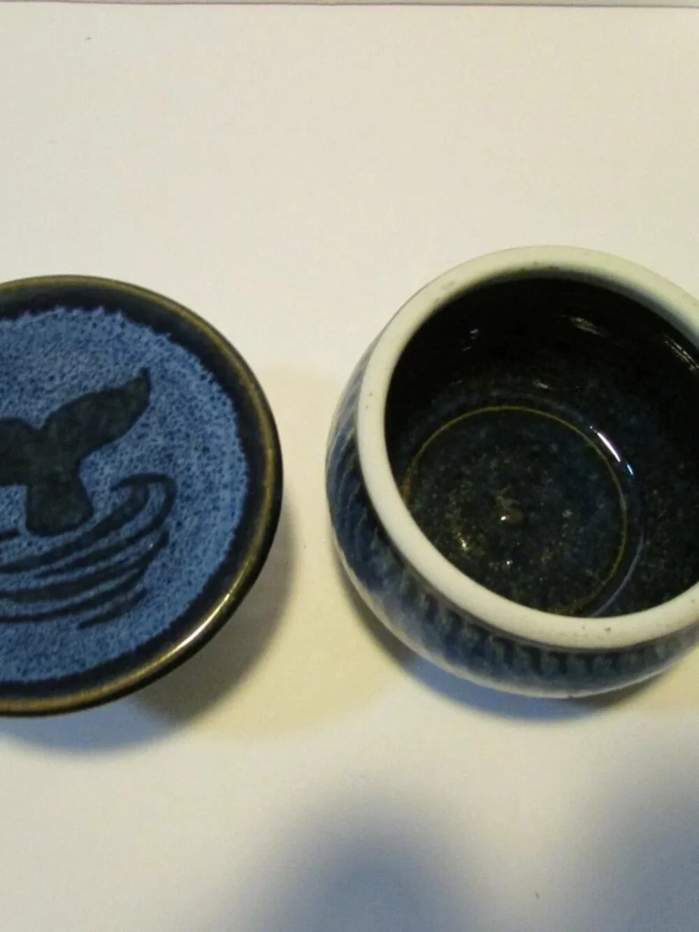 French bell butter crock dish blue with whales tail design nautical